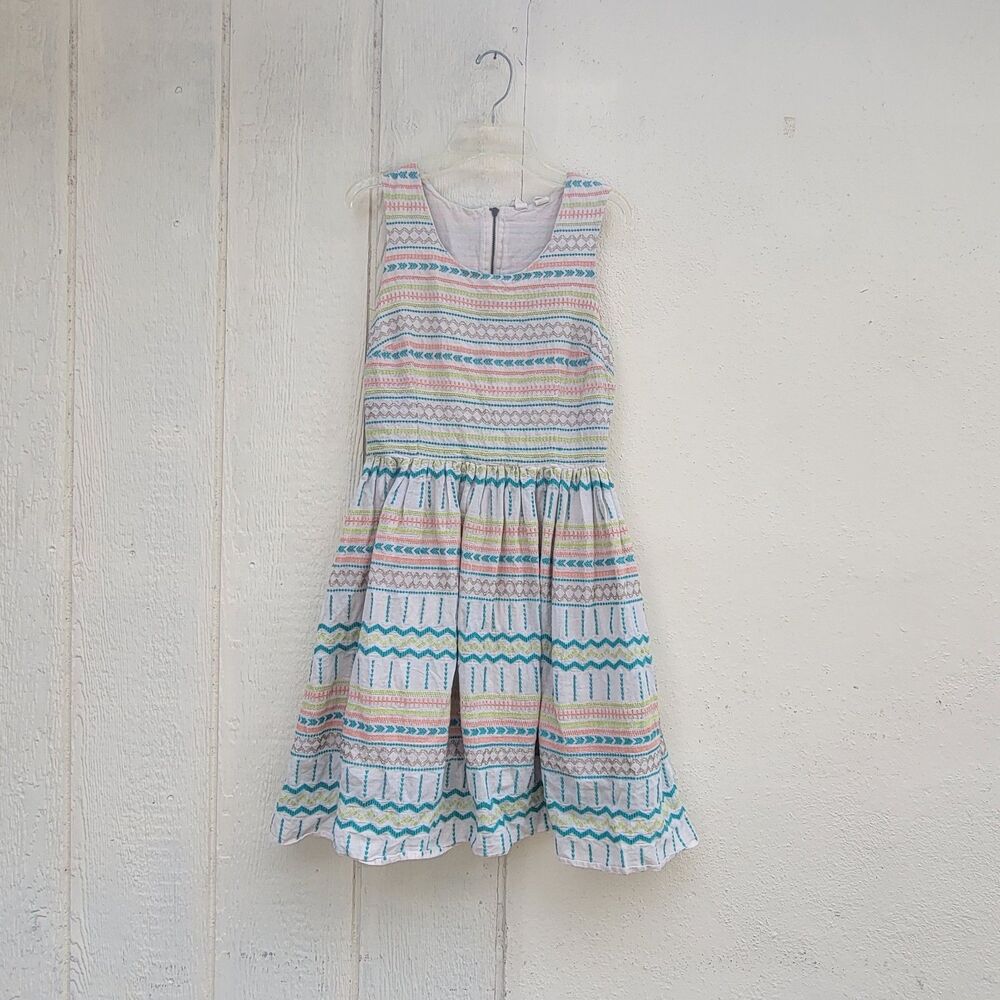 Kenji Dress Sz 4 Cream Green Peach Blue Embroidered Fit Flare Sleeveless Boho